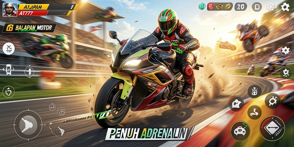 Screenshot gameplay <strong>AT777</strong> menampilkan balapan motor yang seru dan grafis memukau.