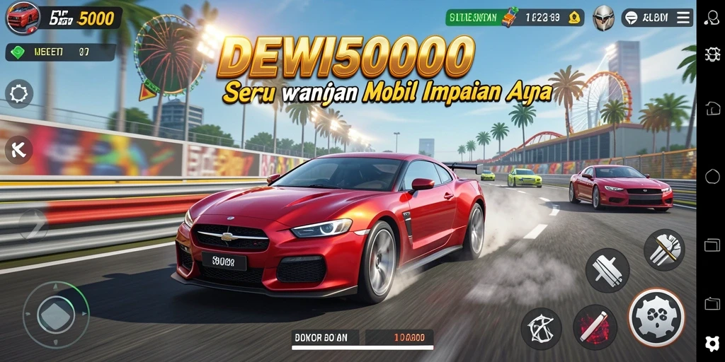 Tampilan gameplay DEWI5000 dengan mobil balap melaju kencang.