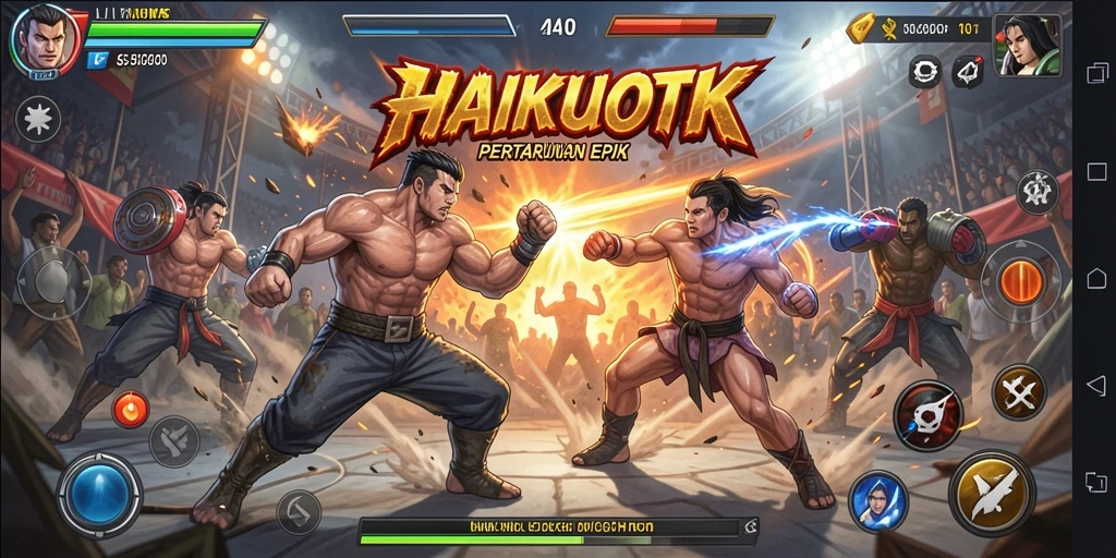Screenshot HAIKUOTK menampilkan pertarungan seru antara karakter yang berbeda.
