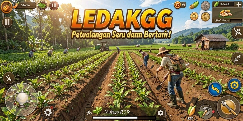 Screenshot gameplay LEDAKGG yang menunjukkan aktivitas bertani yang seru.