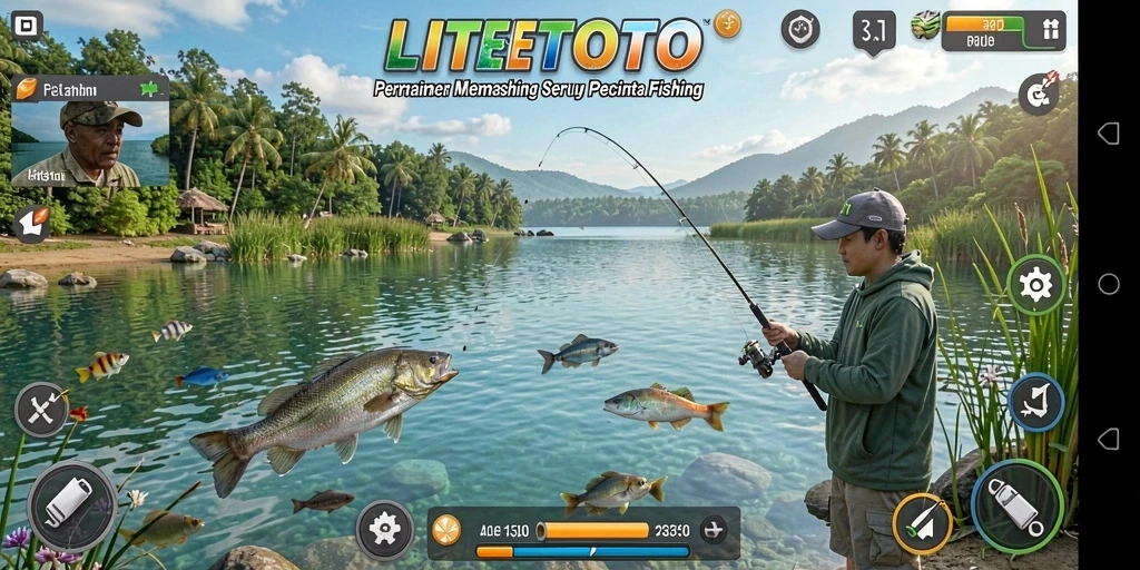 Screenshot gameplay LITETOTO menampilkan aksi memancing yang seru dengan ikan yang beragam.