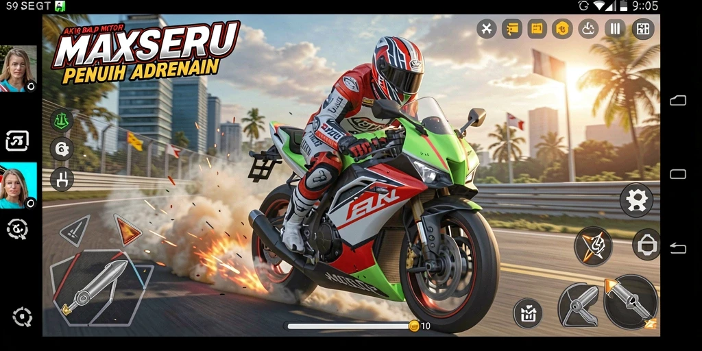 Screenshot gameplay MAXSERU menampilkan aksi seru balap motor.