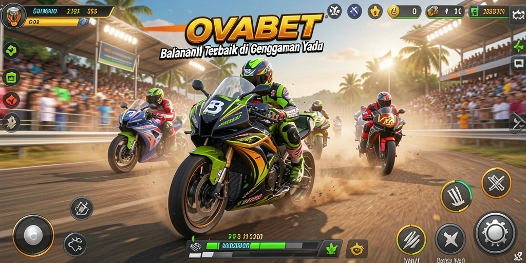 Screenshot gameplay OVABET menampilkan aksi balapan motor yang mendebarkan.